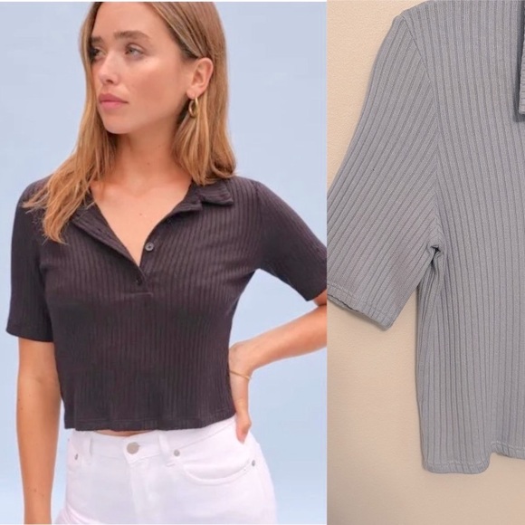 Reformation Tops - Reformation Robby Crop Modal Ribbed Polo in Light Blue L